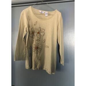 Keren Hart Womens Large Beige Embroidered Flowers 3/4 sleeve Top